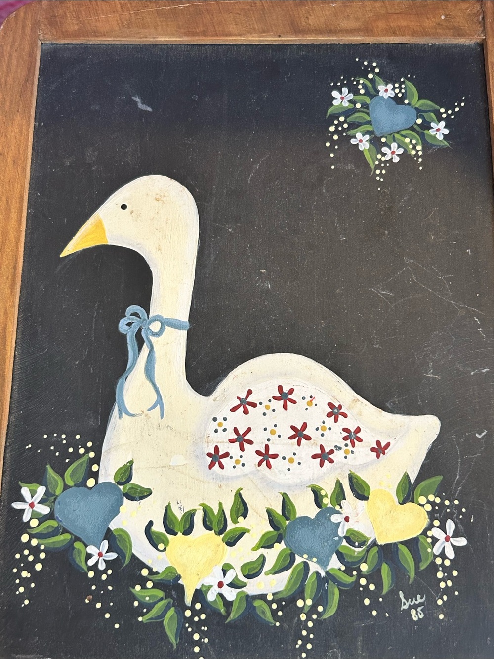 Vintage Hand-Painted Folk Art Goose Wall Plaque Floral Bow Chalkboard